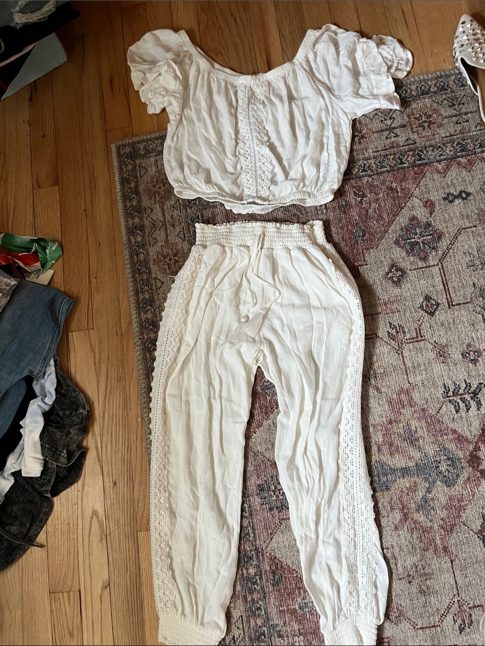 Ocean Drive White Crochet-Trim Jogger Pants